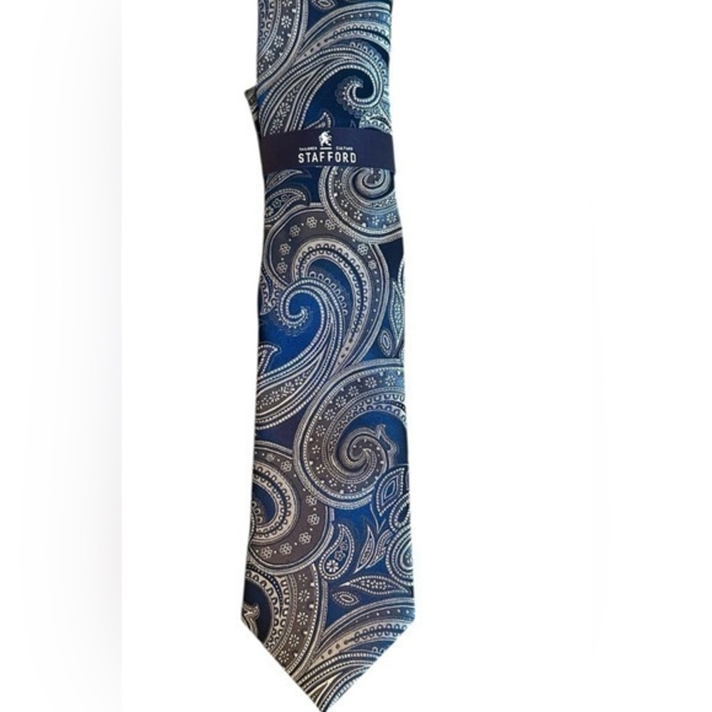 New Stafford Tailored Culture Silk Tie - Navy Blue Gray Silver